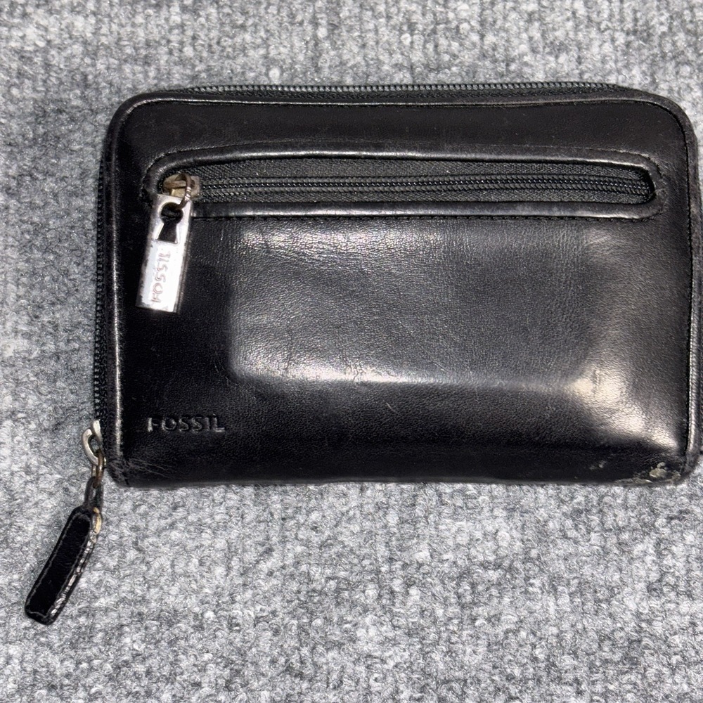 Fossil Genuine Leather  Zip Around Wallet Women Black Genuine Card Zip-Coin